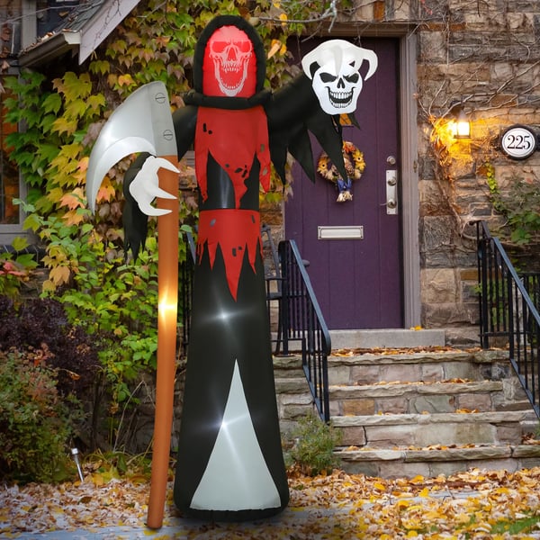 Halloween-koriste 3,7 metrin valtava Viikatemies LED-valaistuksella hohtava ilmatäytteinen hahmo ulkokäyttöön
