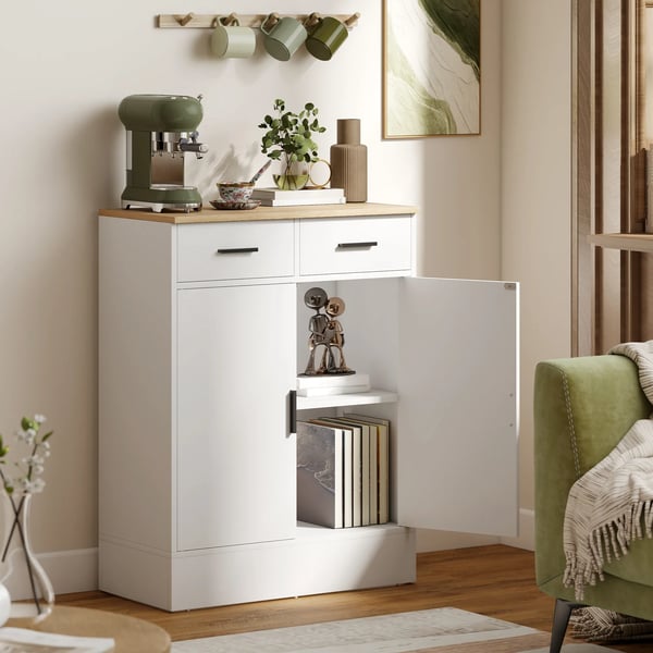 Byrå/Skänk med förvaring, 2 lådor, justerbar hylla, vit/naturträ
