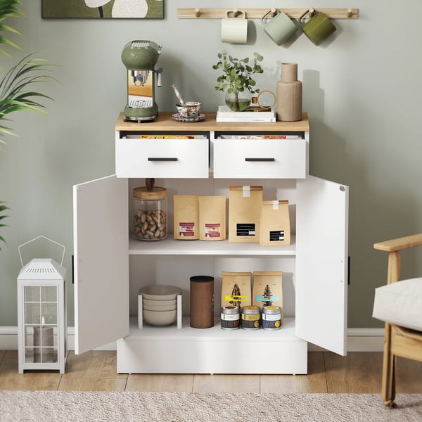 Byrå/Skänk med förvaring, 2 lådor, justerbar hylla, vit/naturträ