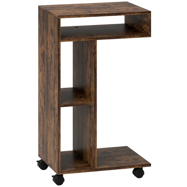 Sidebord, C-formet serveringsvogn, 4 hjul, 3 hylder, 40 x 30 x 69 cm, Rustik brun