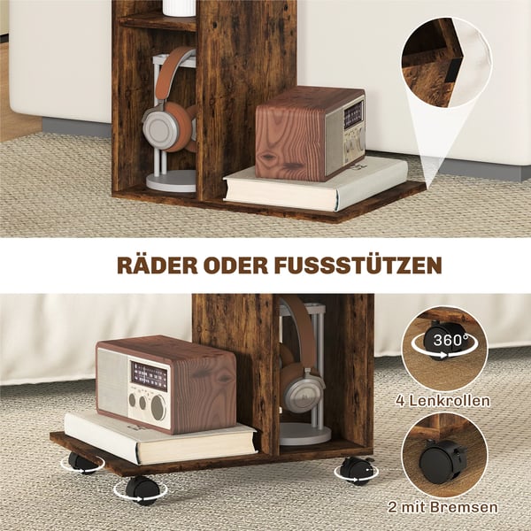 Sidebord, C-formet serveringsvogn, 4 hjul, 3 hylder, 40 x 30 x 69 cm, Rustik brun