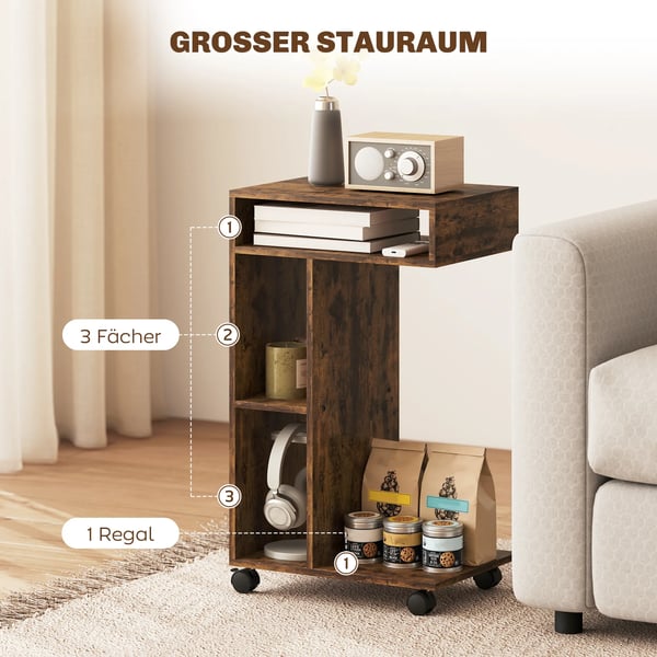 Sidebord, C-formet serveringsvogn, 4 hjul, 3 hylder, 40 x 30 x 69 cm, Rustik brun