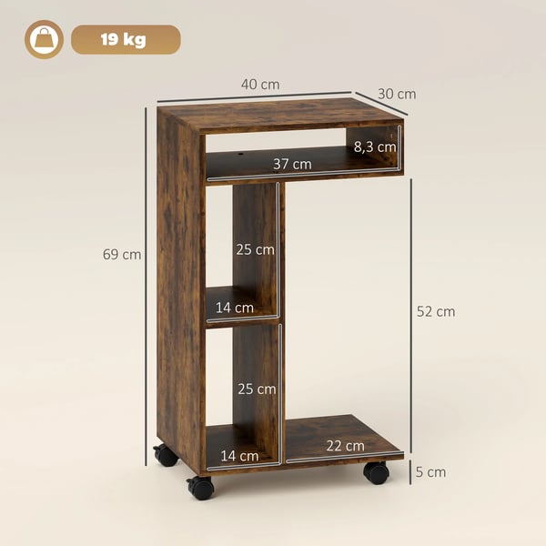 Sidebord, C-formet serveringsvogn, 4 hjul, 3 hylder, 40 x 30 x 69 cm, Rustik brun