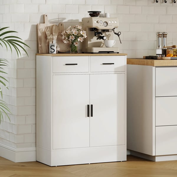 Byrå/Skänk med förvaring, 2 lådor, justerbar hylla, vit/naturträ
