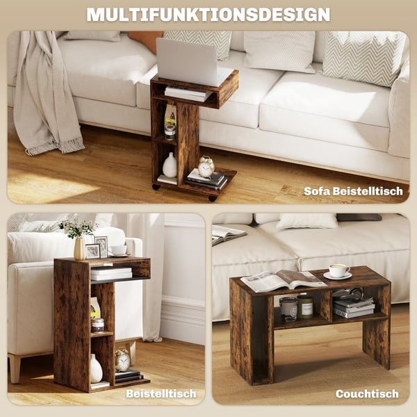 Sidebord, C-formet serveringsvogn, 4 hjul, 3 hylder, 40 x 30 x 69 cm, Rustik brun