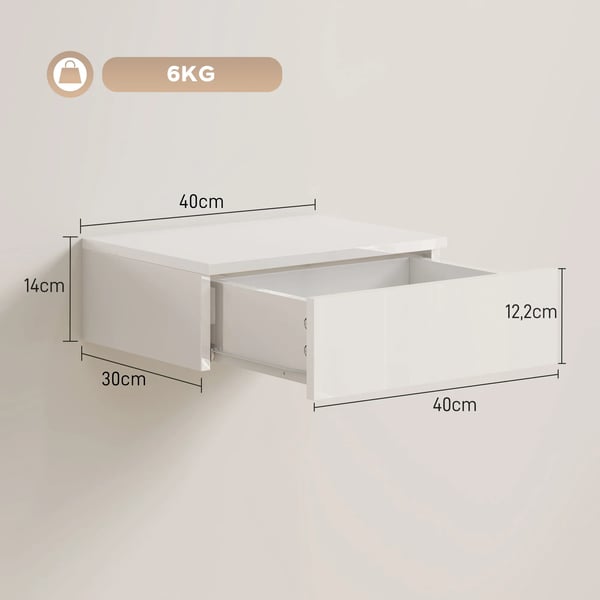 2-pack nattduksbord, väggmonterad design, med låda, för sovrum, spånskiva, vit