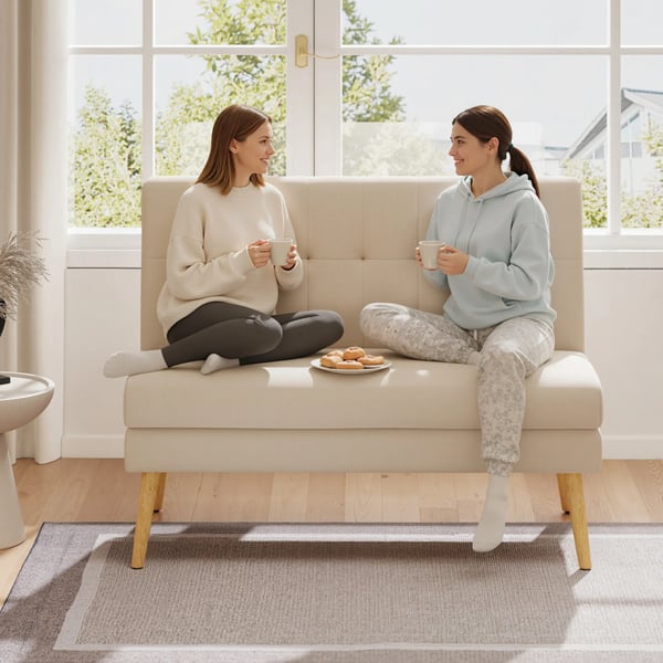 2-sitssoffa, tuftat ryggstöd, träben, tjock vaddering, linneutseende, för små utrymmen, beige