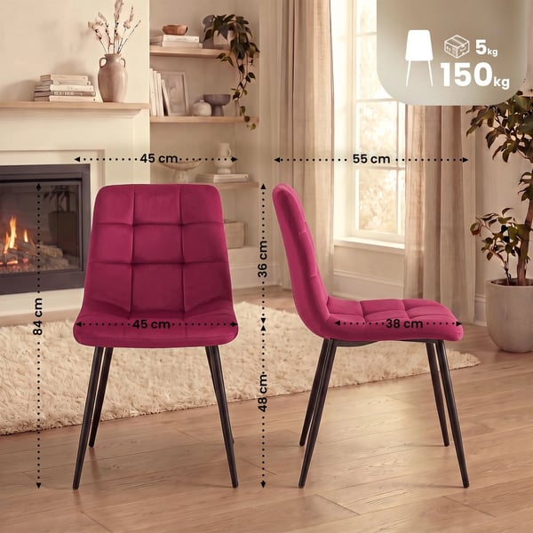 Tilde spisestol i rød velour med metalstel (55x45x84cm)