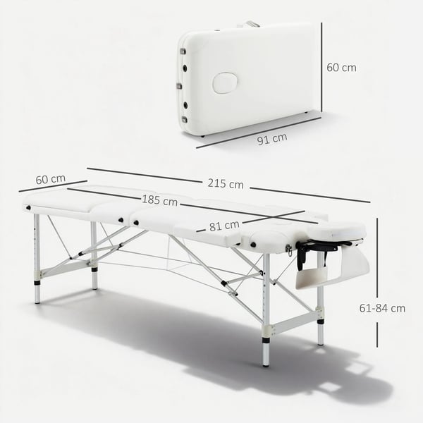 foldbar massagebriks, justerbar, m. nakkestøtte, aluminium, skum, plast, hvid