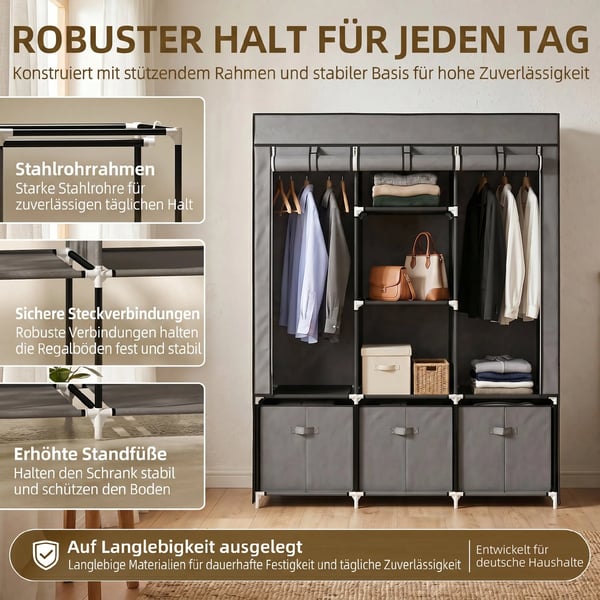 Hopfällbar Garderob Vikbar tygskåp, mörkgrå, 125x43x162,5cm, Stahl och Non-woven tyg