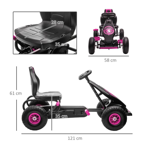 Gokart til brn - Kraftdrevet Pedalbil med Justerbart Sde, Hndbremse - Rosa/Sort