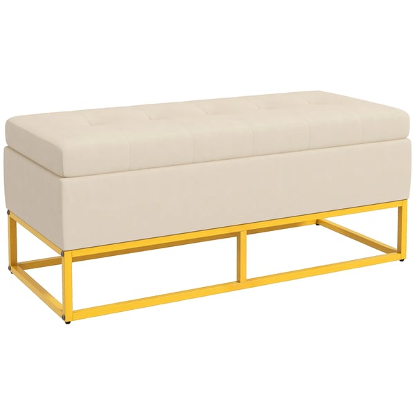 Siddende Puf med Opbevaring - Polstret Bænk med Låg i Fløjl-look, Beige - 110x44x49cm