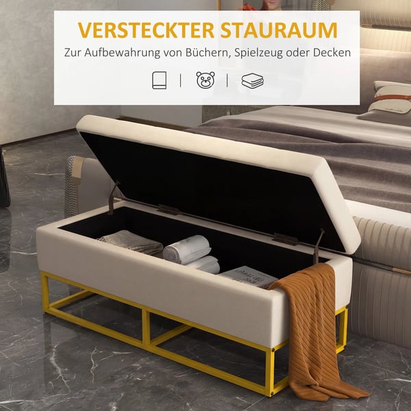 Siddende Puf med Opbevaring - Polstret Bænk med Låg i Fløjl-look, Beige - 110x44x49cm