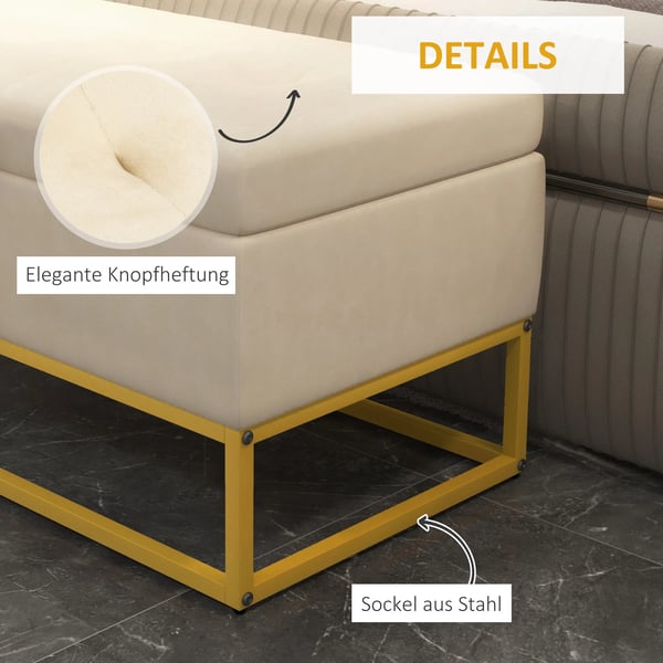 Siddende Puf med Opbevaring - Polstret Bænk med Låg i Fløjl-look, Beige - 110x44x49cm