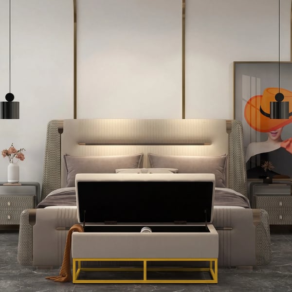 Siddende Puf med Opbevaring - Polstret Bænk med Låg i Fløjl-look, Beige - 110x44x49cm