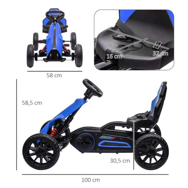Gokart til børn - Blå, Justerbart Sæde, Pedalbil med Håndbremse, Plastik & Metal, 3-8 år