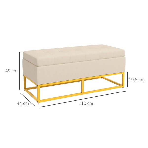 Siddende Puf med Opbevaring - Polstret Bænk med Låg i Fløjl-look, Beige - 110x44x49cm