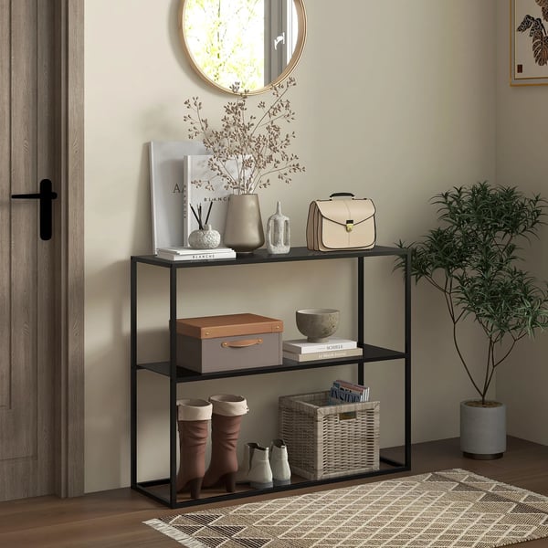 Konsolbord i pulverlackerat stål, svart, 2-nivåer, 90x30x75 cm, med tippskydd