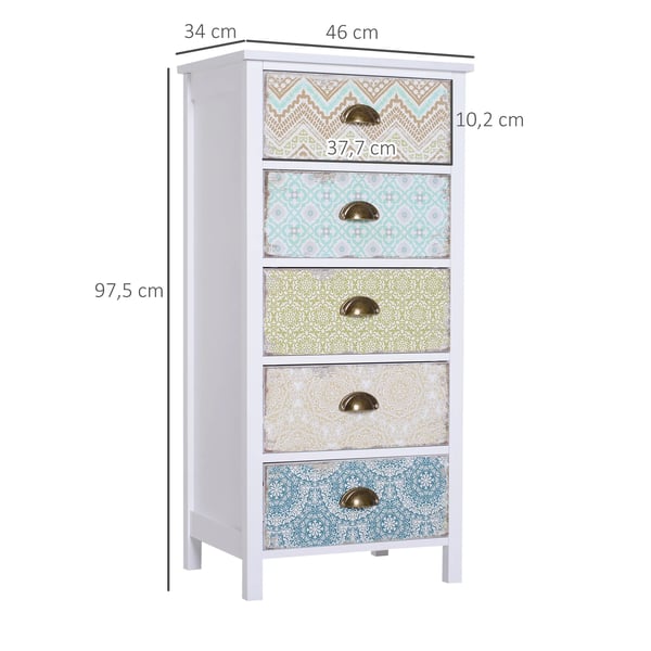 Lipasto 5 Laatikolla, Säilytyskaappi, Värikäs Shabby Chic, MDF ja Männynpuu, Valkoinen/Sininen/Ruskea