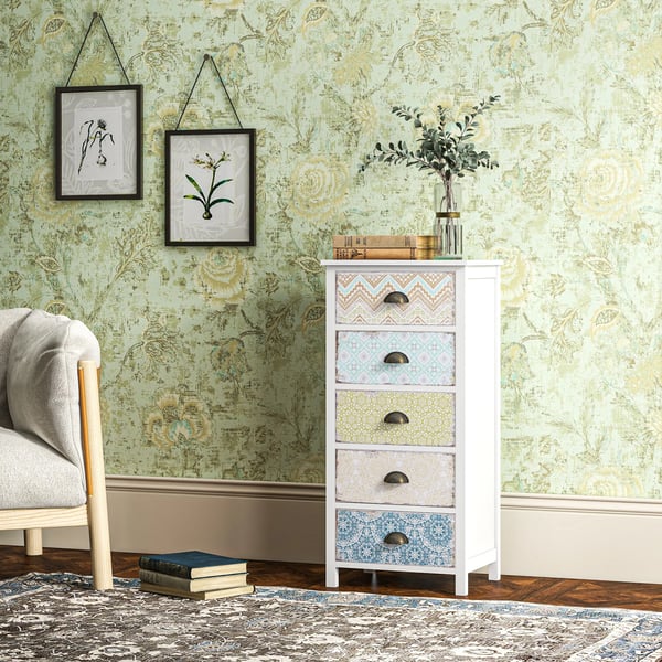 Lipasto 5 Laatikolla, Säilytyskaappi, Värikäs Shabby Chic, MDF ja Männynpuu, Valkoinen/Sininen/Ruskea