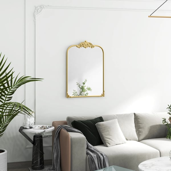 väggspegel, 60 x 87 cm badrumsspegel i barockstil, dekorativ spegel med metallram för vardagsrum, sovrum, guld