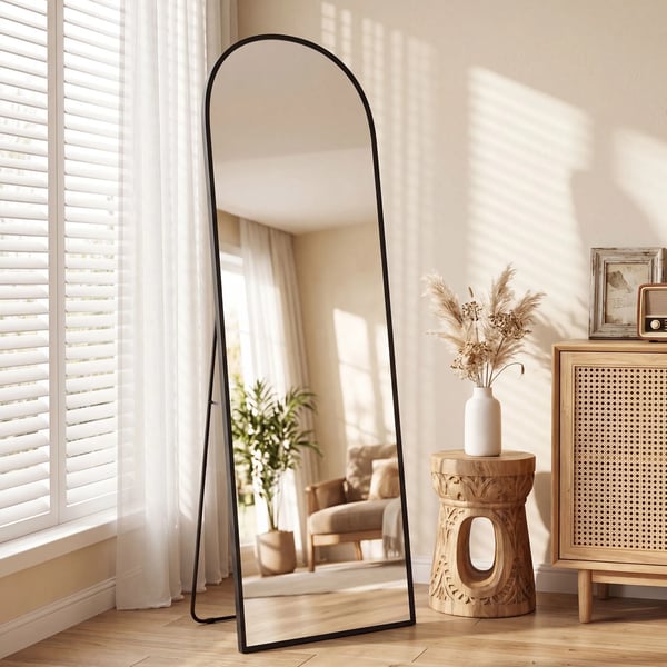 Helkropsspejl, 169x49 cm, buet stander-/vægspejl med brudsikkert glas og sort alu-ramme