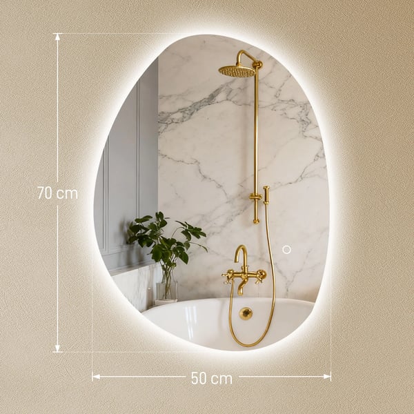 Badspegel 70x50 cm med LED-belysning, 3 ljusfärger, touch-sensor, anti-dim, minnesfunktion, IP44, silverfärgad