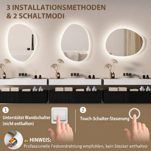 Badspegel 70x50 cm med LED-belysning, 3 ljusfärger, touch-sensor, anti-dim, minnesfunktion, IP44, silverfärgad