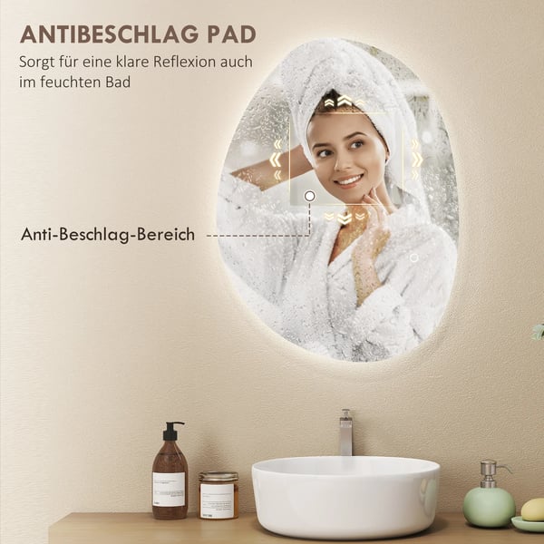 Badspegel 70x50 cm med LED-belysning, 3 ljusfärger, touch-sensor, anti-dim, minnesfunktion, IP44, silverfärgad