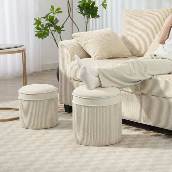 2 stk. Sæde Puf med Opbevaring, Fuglelook Fodskammel, Creme Hvid Polyester, 36 x 36 x 41,5 cm