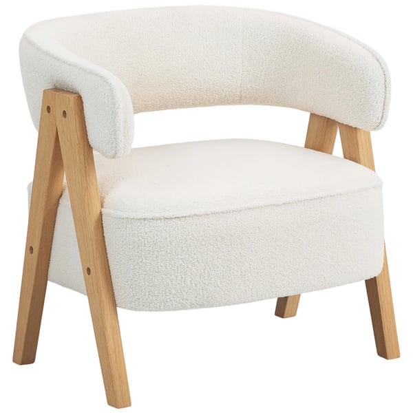 Fåtölj i Fleece, Mjukt Överdrag, Accentstol i Vitt med Armstöd och Träben, Metallram, Polyester, ca 70x64x71cm