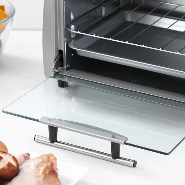 elektrisk ovn 10L med justerbar temperatur og timer, grill og pande medfølger, 750W, 36,5x26x22cm, sølvsort
