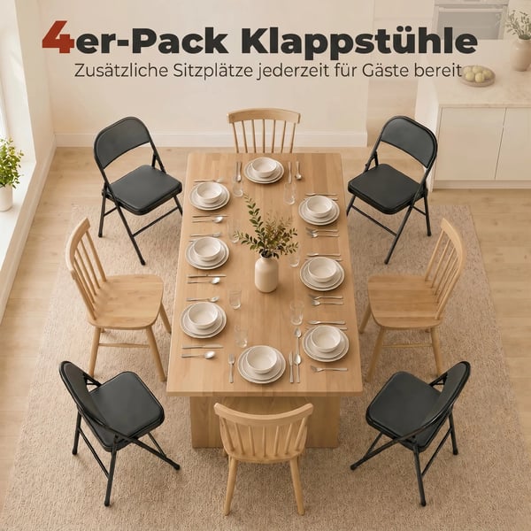 4 kpl taittotuoleja keinonahkaa, musta, teräsjaloilla, pehmustettu istuin, toimistoon, vastaanottoon, odotushuoneeseen