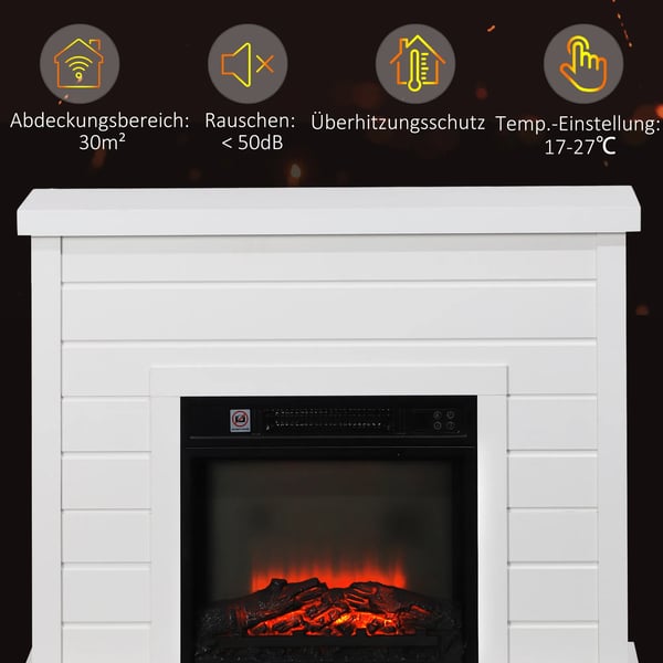 sähkötakka, 3D-liekkiefekti, 3 tehoa, ajastin, kaukosäädin, valkoinen