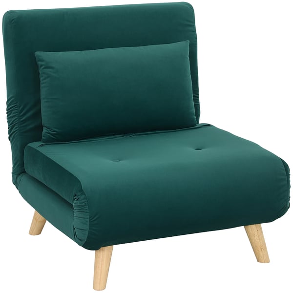 fold-ud sofa seng i mørkegrøn fløjl, med justerbar ryglæn og dekorativ pude