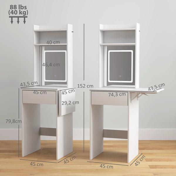 Sminkbord med LED-spegel och utfällbar skiva, vit, MDF med tre hyllor och låda