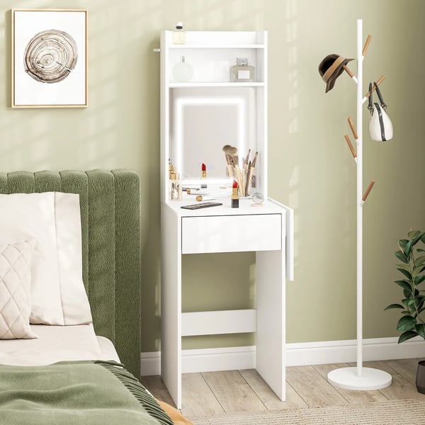 Sminkbord med LED-spegel och utfällbar skiva, vit, MDF med tre hyllor och låda