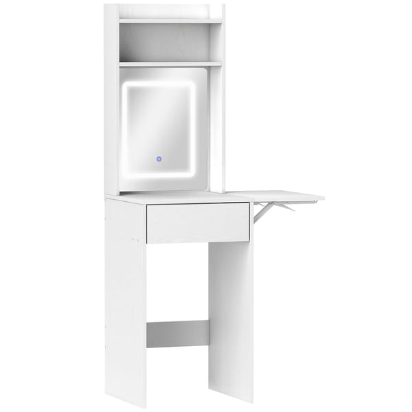 Sminkbord med LED-spegel och utfällbar skiva, vit, MDF med tre hyllor och låda