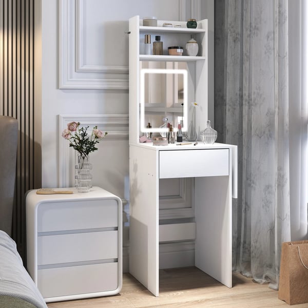 Sminkbord med LED-spegel och utfällbar skiva, vit, MDF med tre hyllor och låda