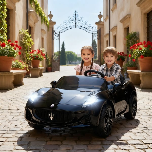 Maserati Elbil för barn, 2-sitsig, 12V, Fjärrkontroll, LED, Musik, Svart (Plast/Metall)