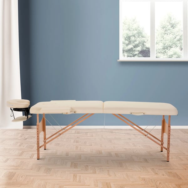 Massagebriks - Sammenklappelig, Hjdejusterbar, Creme Kunstlder med nakkesttte til Spa/Salon