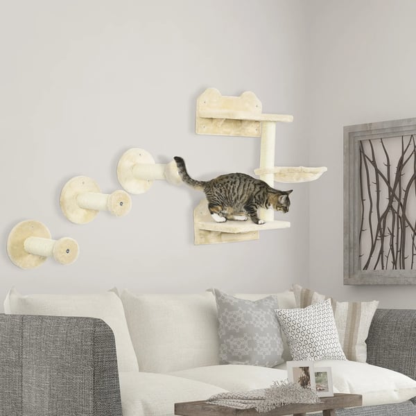 Klatresæt til katte: Træ med hængekøje og 3 klatretrin, Sisal, Beige/Cremhvid