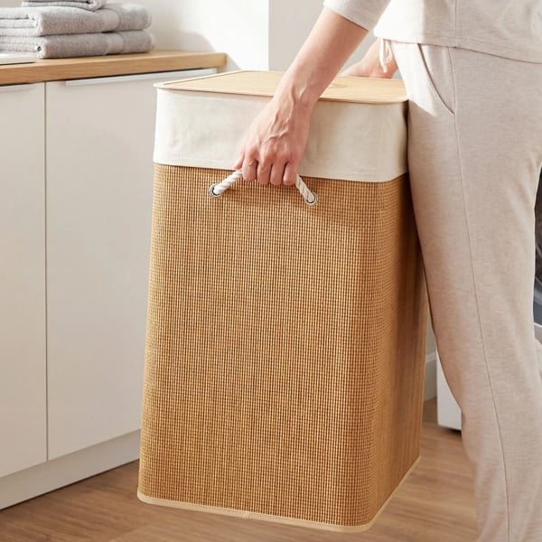 Bambuspyykkikori kannella, 100 L pyykkisäiliö köysikahvoilla, irrotettava pussi, pyykkikori pesuhuoneeseen, makuuhuoneeseen, ruskea