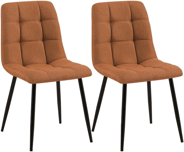 Set med 2 orange Tilde matstolar i tyg med metallben