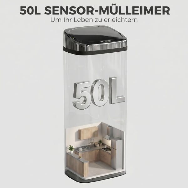 automaattinen jäteastia sensorilla, keittiön roskakori, ruostumaton teräs, 50/68L, hopea (50L)