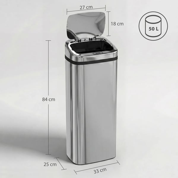 automaattinen jäteastia sensorilla, keittiön roskakori, ruostumaton teräs, 50/68L, hopea (50L)