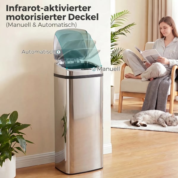 automaattinen jäteastia sensorilla, keittiön roskakori, ruostumaton teräs, 50/68L, hopea (50L)