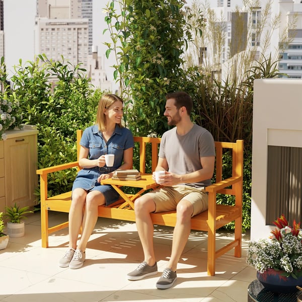 havebænk, 3-personers bænk med bord og armlæn, træbænk op til 280 kg, til altan og terrasse, lysebrun, 153x56x91 cm