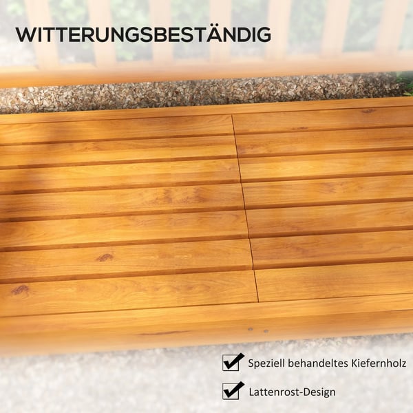 havebænk, 3-personers bænk med bord og armlæn, træbænk op til 280 kg, til altan og terrasse, lysebrun, 153x56x91 cm