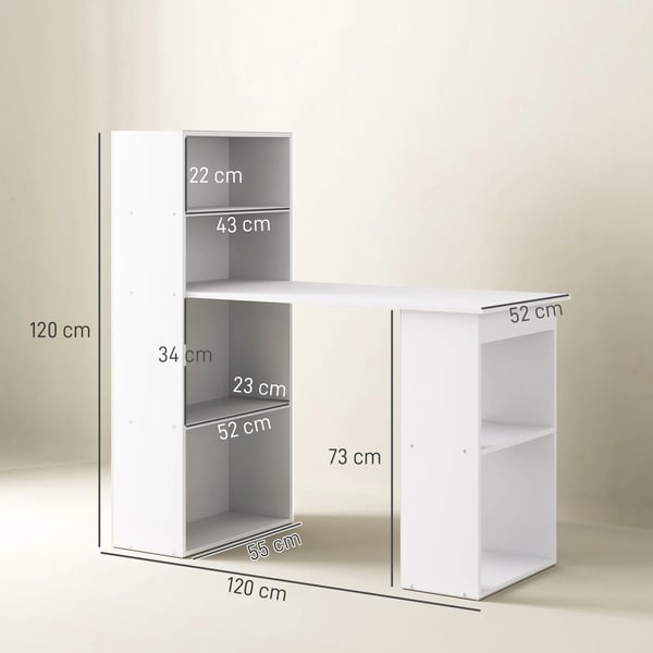 Skrivebord med hylde, 120x55x120cm, hvid, spånplade